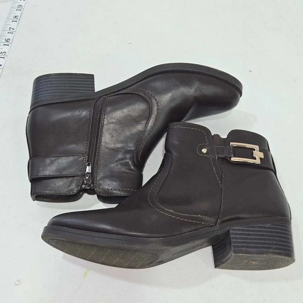 Toetos Alexis-03 Women Dark Brown Ankle Boots Side Buckle Low Block Heel Size 10